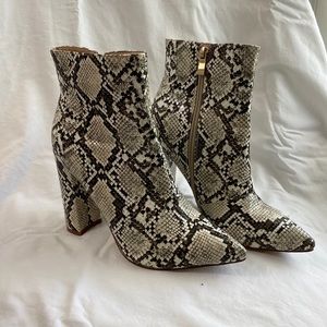 Pretty Little Thing snakeskin heeled booties